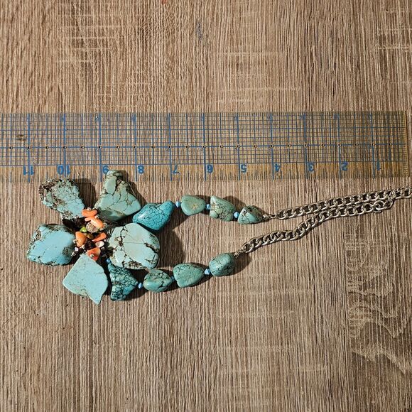 Turquoise Flower Statement Necklace, Chunky Slab Stone, Boho Southwestern Style - Picture 5 of 6
